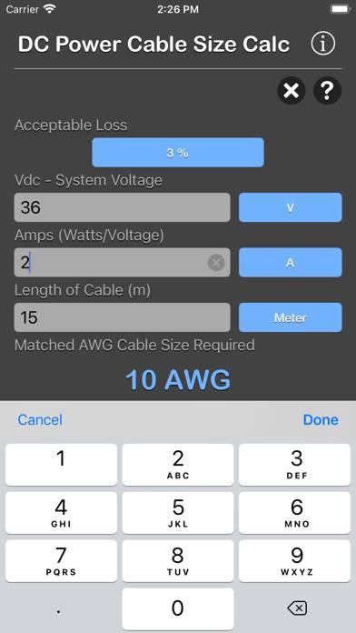 DC Power Cable Size Calc App skärmdump
