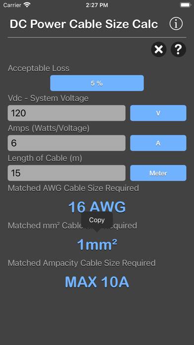 DC Power Cable Size Calc App skärmdump