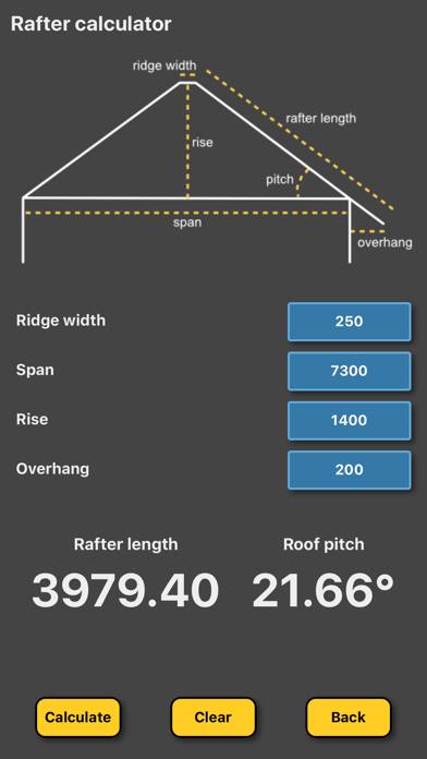Rafter & roof pitch calculator screenshot