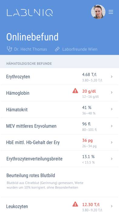 Onlinebefunde Bildschirmfoto