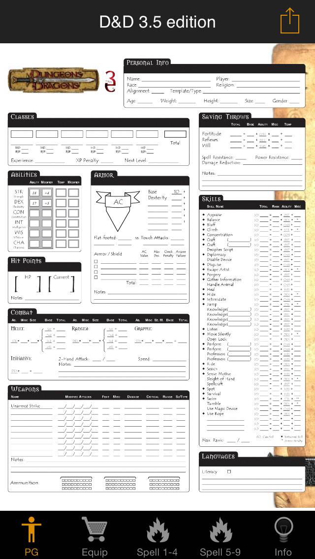 Real Sheet: D&D 3.5 Edition plus Dice Table Schermata dell'app #2