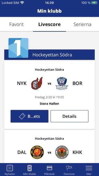 Hockeyettan App skärmdump