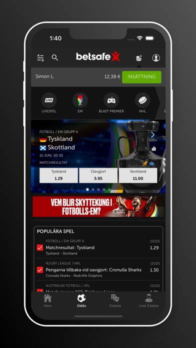 Betsafe Casinospel och sport App skärmdump