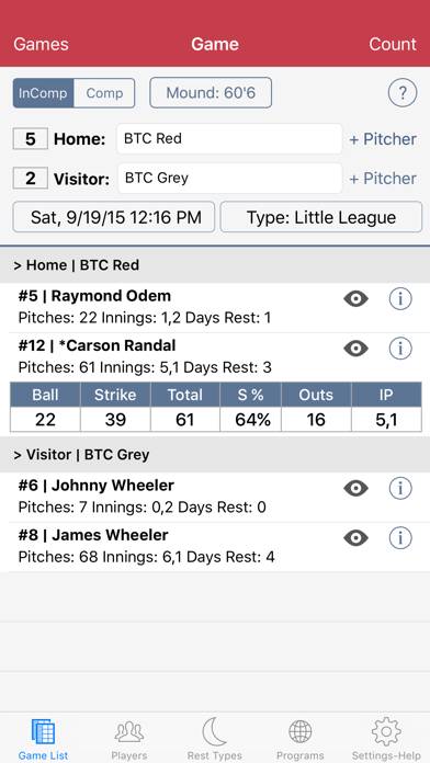 Baseball/Softball Pitch Count App screenshot #2